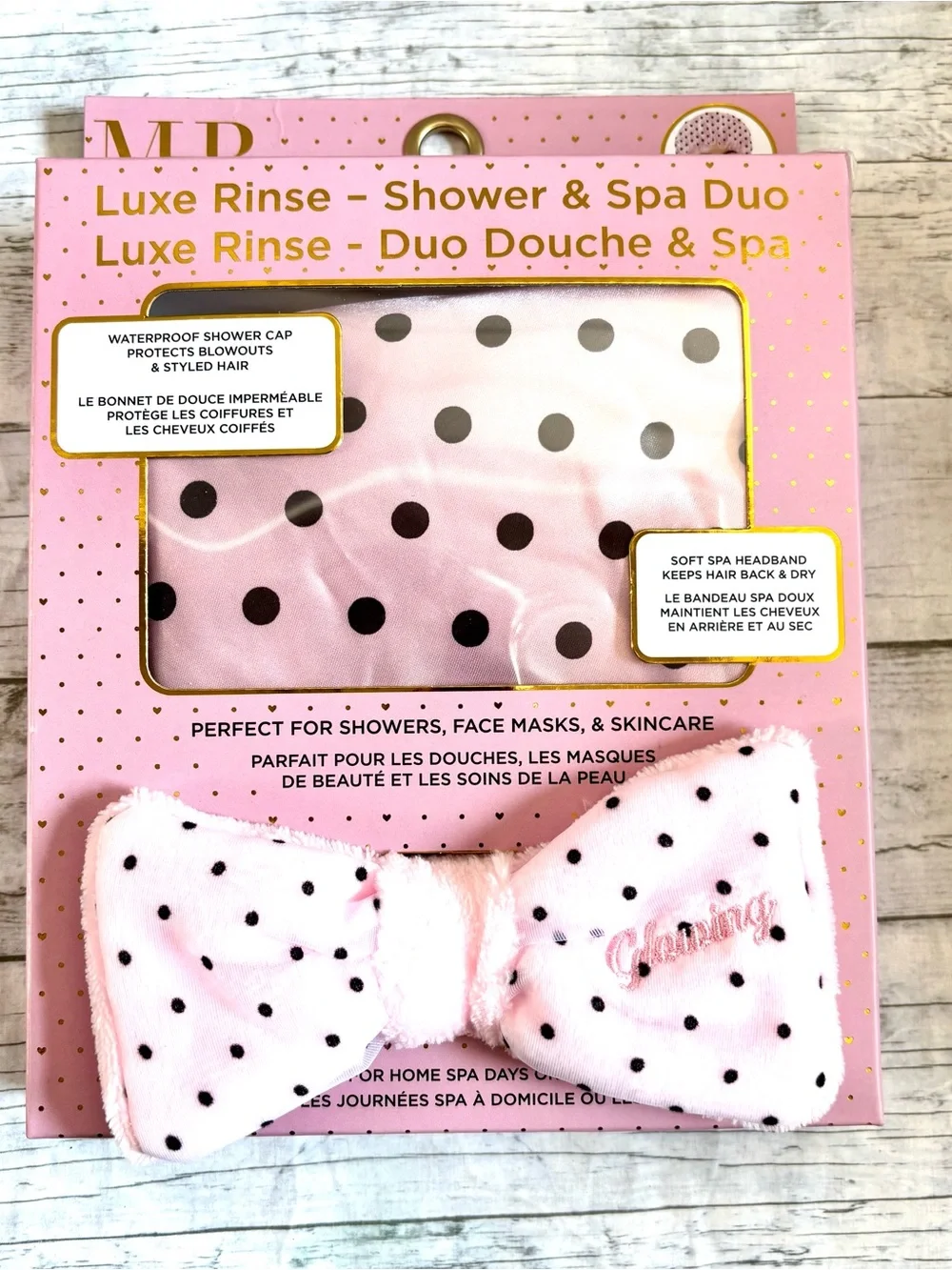 NWT Luxe Rinse Shower & Spa Duo Set Pink Polka Dot